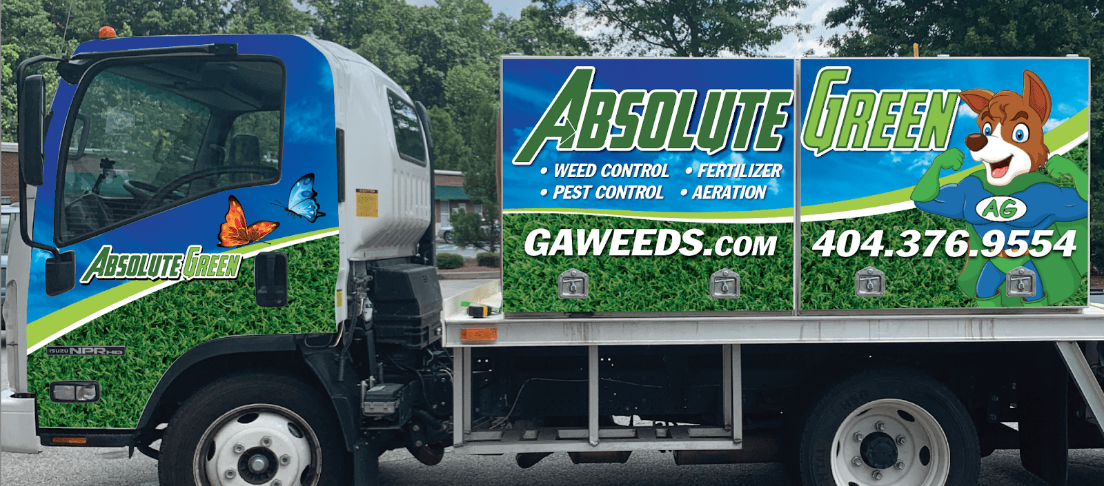 Truck side video with the logo of Absolute Green Landscaping. GA Weeds, 404-376-9554, Weed Control, Fertilizer, Pest Control, Aeration.