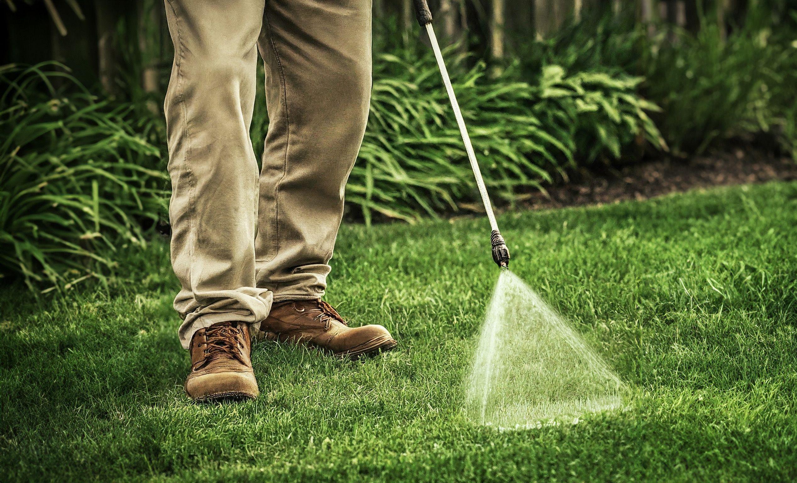 A close-up shot of a technician in heavy pants and work boots, spraying a lawn with a sprayer.