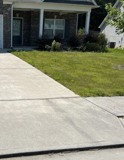 A home, specifically its lawn, before it has been serviced by Absolute Green Landscaping, full of weeds and struggling